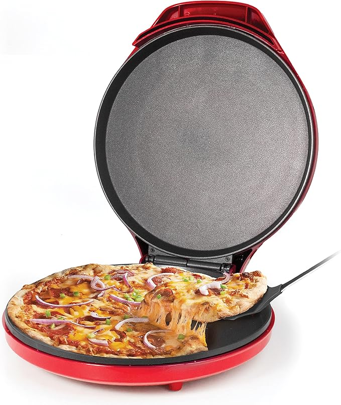 Betty Crocker Pizza Maker Plus, 12" Indoor Electric Grill, Nonstick Griddle Pan for Pizzas, Quesadillas, Tortillas, Nachos and more, 12" Electric Griddle for Delicious Meals and Snacks, Red