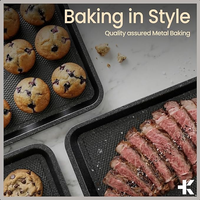Diamond Bottom Cookie Sheet Set of 2, Nonstick Gray Marble Carbon Steel Baking Pans for Crisp Baking, Space-Saving Stackable Trays, PFOA, PFOS, PTFE Free, Oven Safe Up to 450°F, Small & Medium Pans