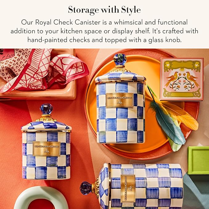 MACKENZIE-CHILDS Medium Enamel Canister, Kitchen Storage Container for Flour and Sugar, 1.42 Liters, Blue-and-White Royal Check