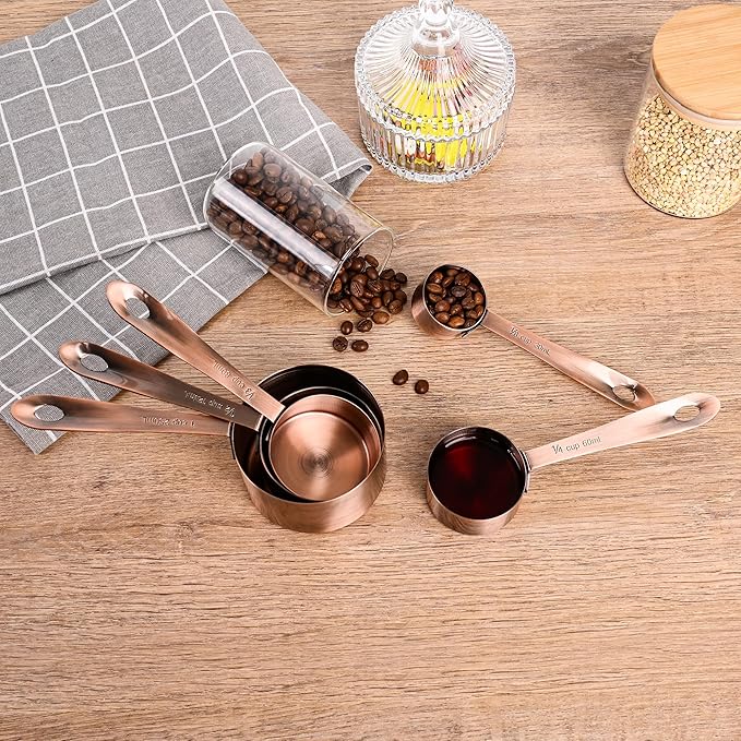 Copper Measuring Cups and Spoons Set, Stainless Steel Measuring Cups and Spoons Set 12, Metal Measuring Cups Set, 5 Copper Measuring Cup Set and 6 Copper Measuring Spoons &Leveler for Kitchen