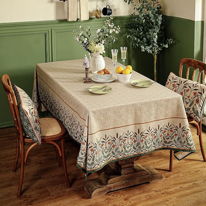 patdrea Designer French Light Brown Rectangle Table Cloth,Linen Floral Durable Breathable Tablecloth,Decorative for Kitchen Dining,Parties,Tea Party,Christmas,Thanksgiving,55"x79"-Cudillero