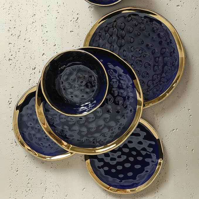 Stone Lain Florian Modern Porcelain Dish Set, 32-Piece Dishes for 8, Gold and Blue