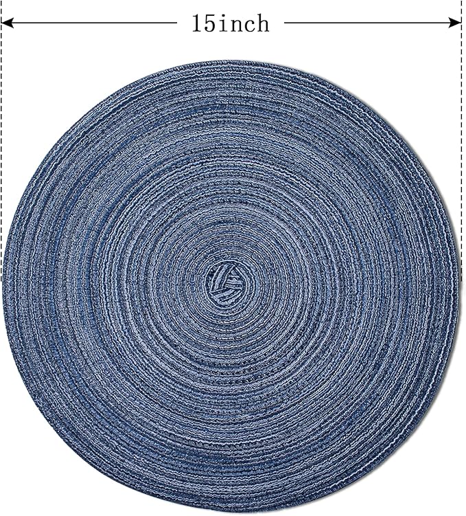 FunWheat Round Braided Placemats Set of 8 Place mats for Dining Tables Woven Heat Resistant Table Mats 15 inch(E Klein Blue, 8pcs)