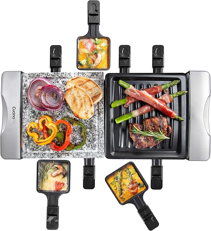 Electric Cheese Raclette Table Grill w Nonstick Grilling Plate & Cooking Stone- Indoor Smokeless Korean BBQ 8 Person Tabletop Cooker Hotplate- Melt or Grill Meat, Veggies for Home Dinner Party or Apps