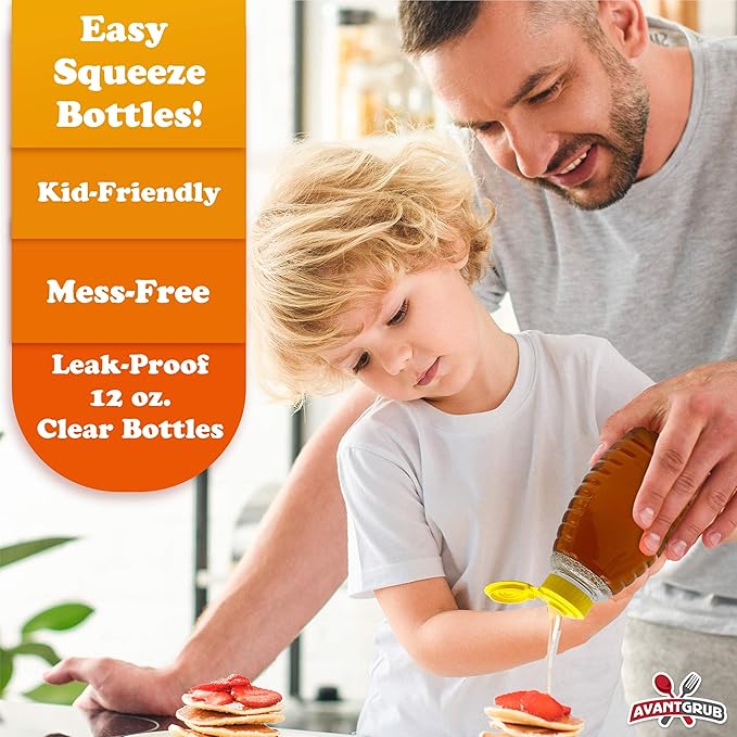 Easy-Squeeze 6 Pk 12 Oz Empty Honey Bottles. BPA-Free Food-Safe PET Plastic Honey Dispenser. Flip-Top Refillable Syrup Container. Great for Storing and Serving BBQ, Pasta Sauces or Salad Dressings.