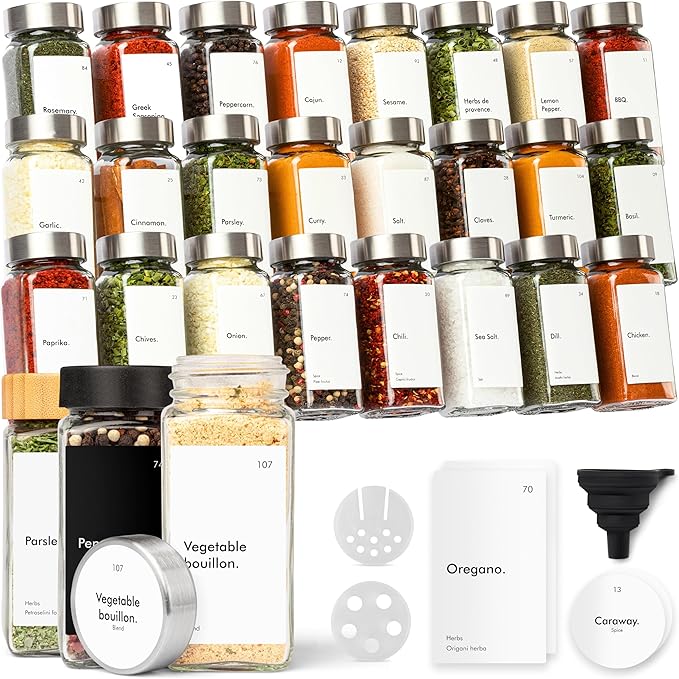KIVY Glass Spice jars with Label & Shaker Lids [24x 4oz] Airtight Seasoning Containers for Cabinet & Drawer - Empty Spice Bottles - Seasoning jars with labels - Spice jars with stainless steel lids
