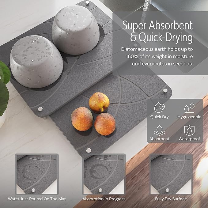 Nested Dish Drying Stone Mat with Bamboo Rack | 2 Pcs Diatomaceous Earth Stone Drying Mats for Kitchen Counter with Non-Slip Feet | Collapsible Large Drying Stone for Dishes (Dark Gray)