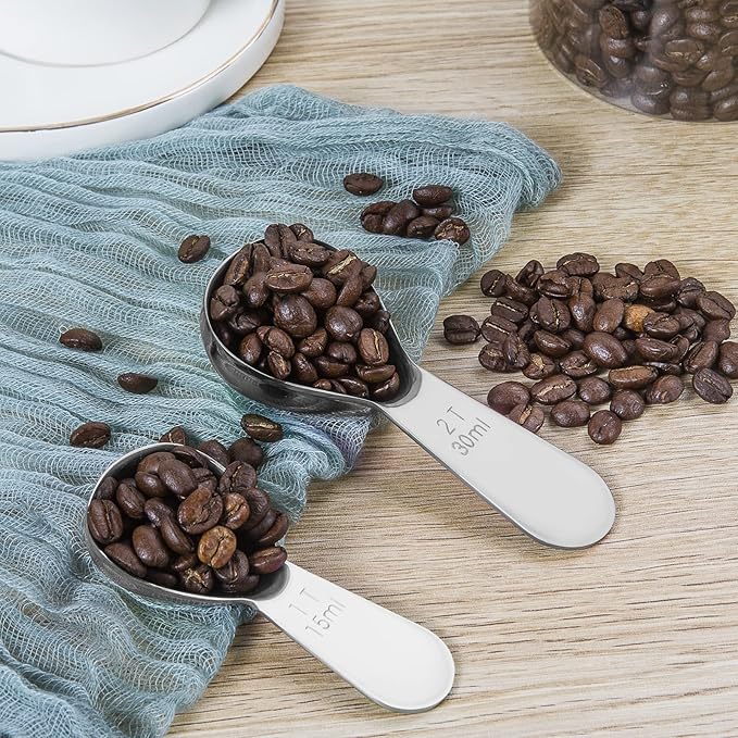 Safring Stainless steel coffee scoop 2-piece set (1 tbsp, 2 tbsp) durable Tablespoon, ergonomic measuring spoon, Suitable for small and large jars，short-handled spoon (Silver)