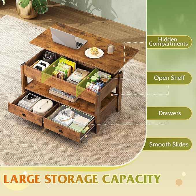 WLIVE Coffee Table, Lift Top Coffee Table with 2 Drawers, Large Hidden Compartment and Open Storage Shelf, Lift Tabletop, Dining Table for Living Room, Rustic Brown