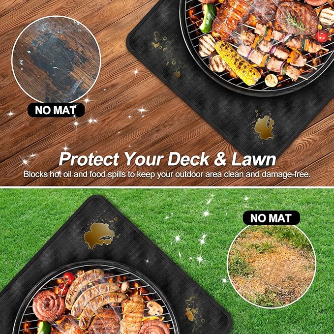 65 x 48 Inch Under Grill Mats for Outdoor Grill, Fireproof & Heat Resistant Fiberglass Deck Protector, Waterproof & Oil-Proof BBQ Floor Pad for Deck, Patio, Grass – Easy Clean, Reusable