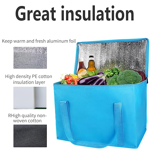 musbus 2-Pack extra Insulated Grocery shopping bag, large Blue, reusable bags,Pizza,Sturdy zipper,Collapsible,tote,cooler,for transport women,for instacart,Durable,thermal