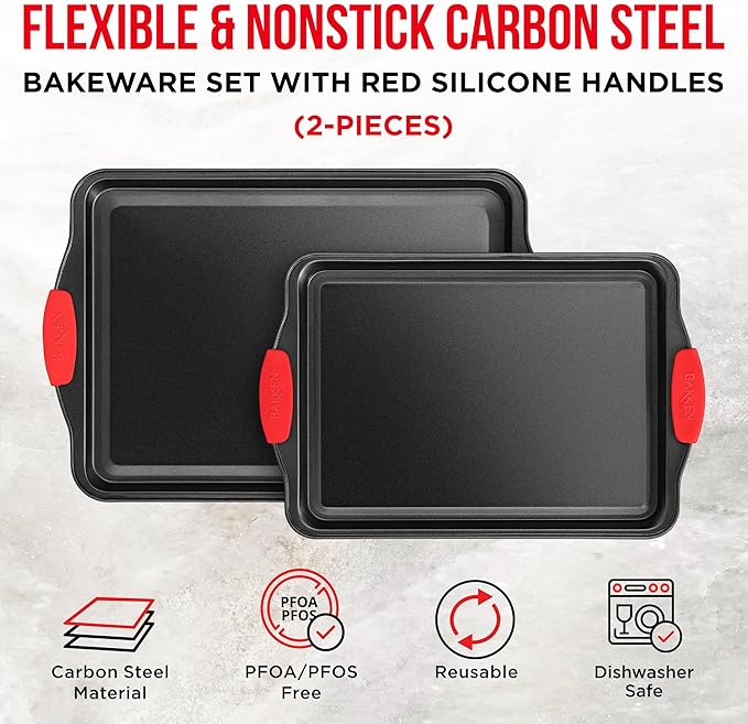 2 Piece Set Nonstick Carbon Steel Oven Bakeware -Professional Quality Kitchen Cooking Baking Trays -PFOA, PFOS, PTFE-Free Medium & Large Baking Sheet Pans with Red Silicone Handles