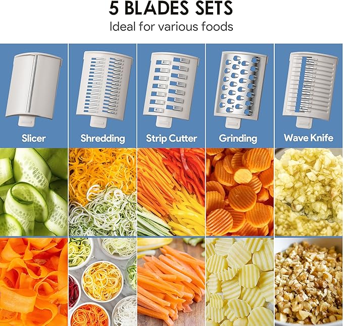 TER Electric Cheese Grater with 5 Blades – 5-in-1 Gourmet Vegetable Shredder for Carrot, Potato & More, 110mm Large Caliber, Built-in Blade Storage Box, Fast & Efficient Grating