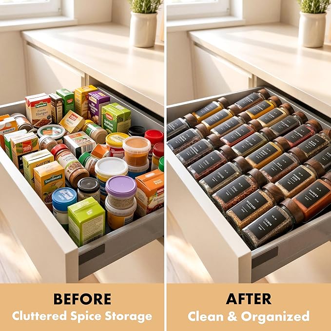 EDELHAUS® Square Spice Jars with Acacia Wooden Lid (Pack of 24) Spice Jars with Shaker Insert and 240 Labels - Acacia Lids Glass Container for Spice Organisation [4.3 in × 1.8 in]