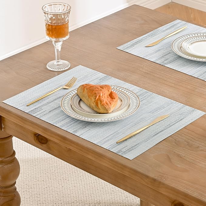 Leetaltree LightSteel Blue Placemats Set of 6 - Heat Resistant Non-Slip Place mats for Dining Table, Washable Durable PVC Vinyl Woven Table Mats（LightSteel Blue, 6）