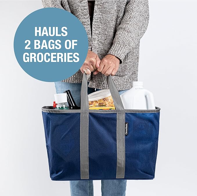 CleverMade EcoBasket Reusable Grocery Tote - 30L - Pack of 3 - Blue Grey - Collapsible Storage Shopping Organizer - Heavy Duty Utility Bag Home