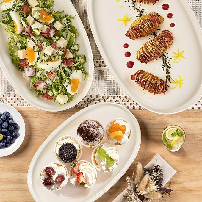 theterra Ceramic Serving Platter, 15.6"/14.4"/12.2" Oval Serving Dishes for Entertaining, Oven Safe, Microwave Safe, Serving Plates Set of 3 for Wedding, Party, Turkey, Beige