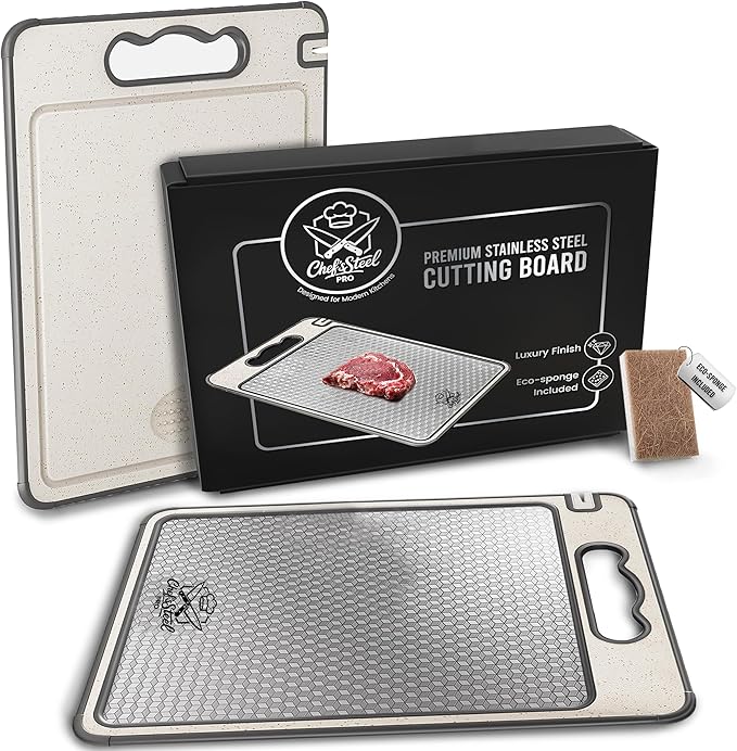 Chef’s Steel Pro 15”×10” Premium 304 Stainless Steel Cutting Board – 4-in-1 Double-Sided with Knife Sharpener, Garlic Grater, Wheat Straw PP & TPR Non-Slip, Dishwasher Safe, Includes Eco Sponge