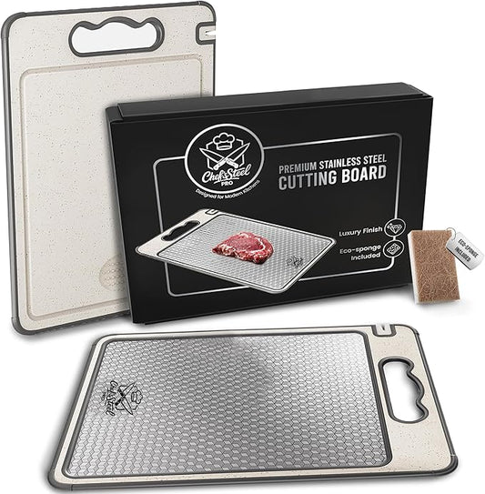 Chef’s Steel Pro 15”×10” Premium 304 Stainless Steel Cutting Board – 4-in-1 Double-Sided with Knife Sharpener, Garlic Grater, Wheat Straw PP & TPR Non-Slip, Dishwasher Safe, Includes Eco Sponge
