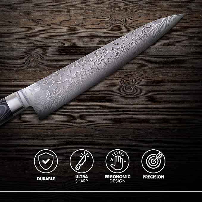 Kagayaki Japanese Chef’s Knife, KGR-1 Professional Petty Knife, Traditional Hammer Forged R-2 Damascus Steel with Ergonomic Linen Micarta Handle, 5.9 inch