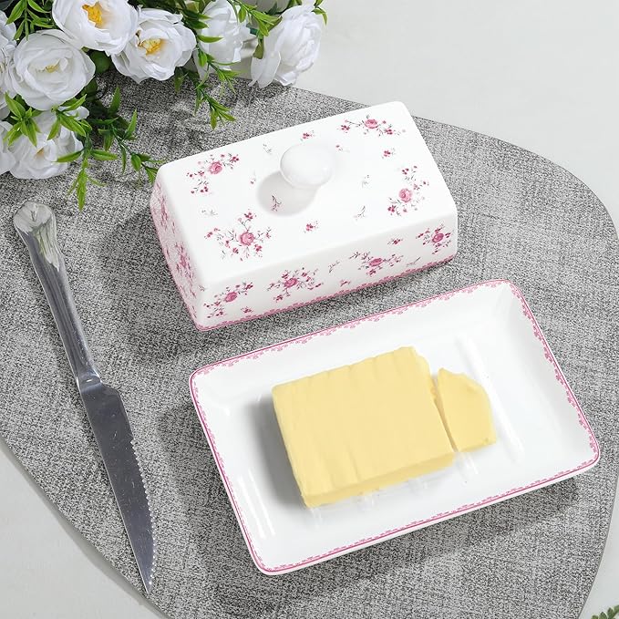 fanquare Porcelain Butter Dish with Lid, Classic Ceramic Butter Keeper with Raised Leg, Butter Dishes for Cafeteria Kitchen Countertop, Blue and White (Pink Rose)
