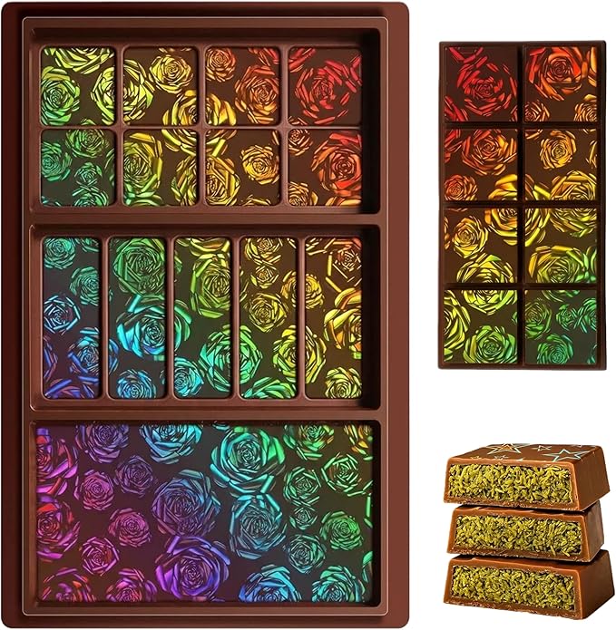 Ziliny Rose Holographic Chocolate Bar Mold Silicone, Rainbow Light Effect Chocolate Bar Deep Thick Molds for DIY Candy Dessert Baking, Candy, Wax Melts, Cake Decoration (Large and Thick)