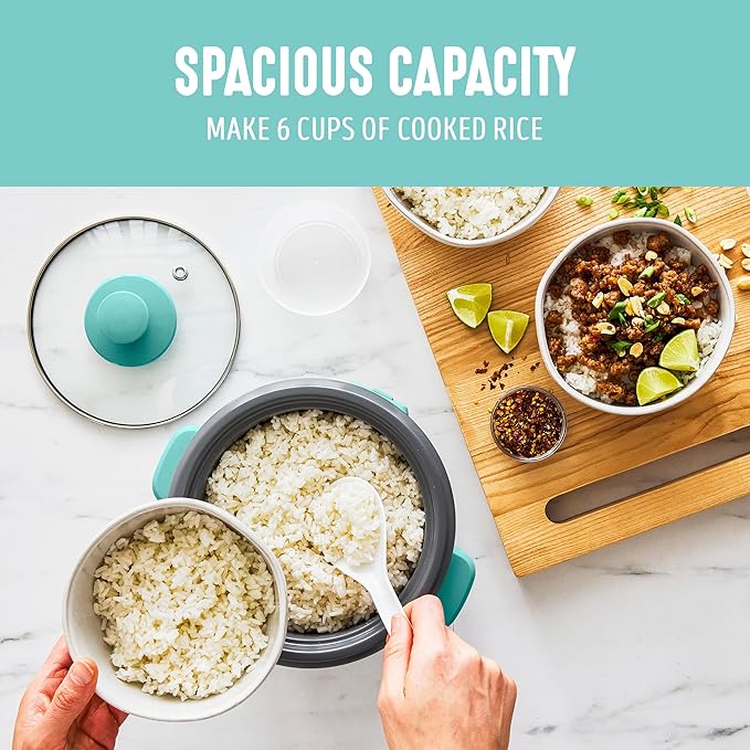 GreenLife Rice Cooker with Removable PFAS-Free Ceramic Nonstick Pot, 3-Cups Uncooked/6-Cups Cooked, Grains & Oatmeal Multicooker, Compact One-Switch Design, Auto Keep Warm, Easy Clean, Turquoise