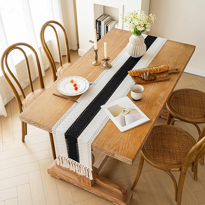 FEXIA Boho Table Runner for Home Decor with Tassels 48 Inches Long,Black Farmhouse Rustic Table Runner Macrame Burlap Table Decoration for Living Room Bridal Shower(12x48 Inches)