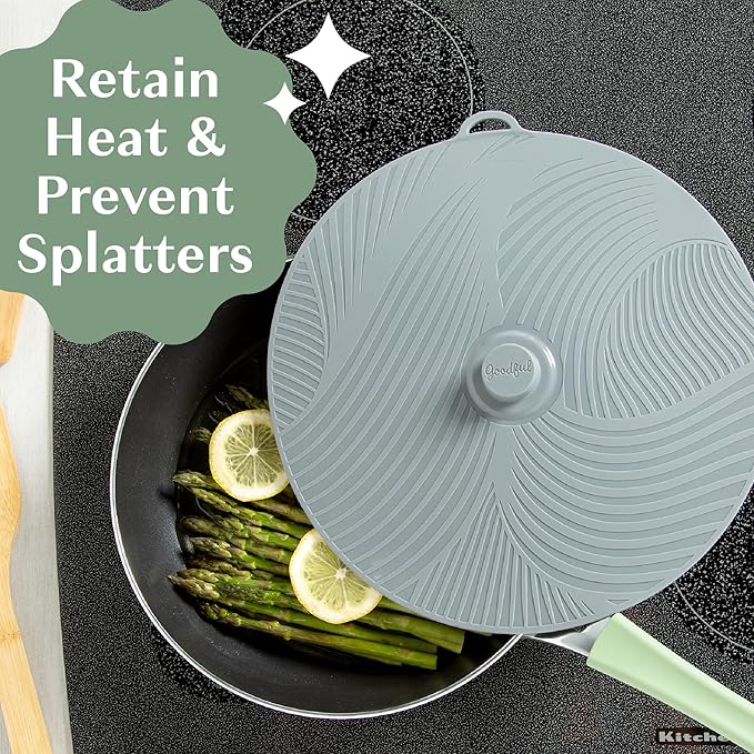Goodful Universal Silicone Lids for Pots and Pans, Heat Safe, Reusable Suction Seal Covers for Bowls, Pots, Cups- Food Grade, Dishwasher Safe, 3 Piece, Gray, Green and Sage