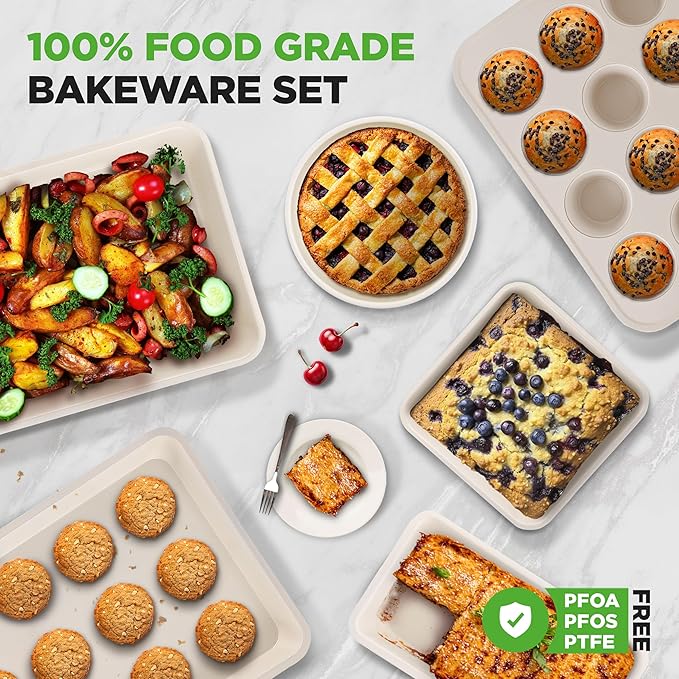 NutriChef 6-Piece Baking Pan Set, Premium Carbon Steel Bakeware with Durable Ceramic Non-Stick Coating - Includes Wide Baking Pan, Medium Size Cookie Sheet, Muffin Pan, Cake & Loaf Pan - Turquoise