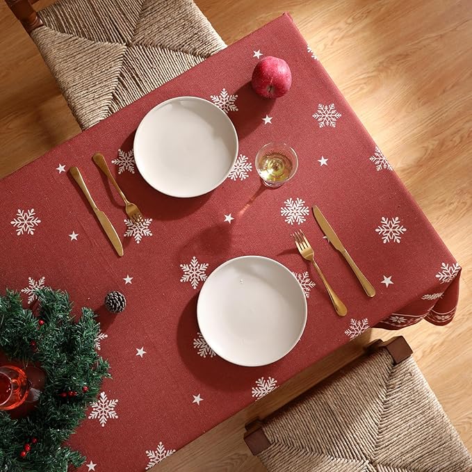 ISAENNE Designer Christmas Red Small Square Tablecloth,Linen Table Cloth with Snowflakes Pattern,Wrinkle Resistant Decor Tablecloths for Dining Kitchen Thanksgiving Christmas,55"*55"-Carol C