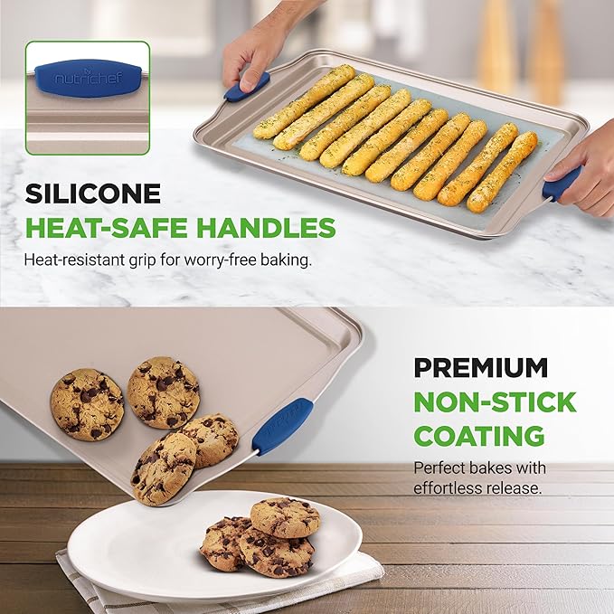 NutriChef 8-Piece Nonstick Bakeware Set - Heavy Duty Carbon Steel Baking Pans w/ Blue Silicone Handles - Pizza Crisper, Muffin & Loaf Pan, Round & Square Pans, Cookie Sheet - Champagne Gold