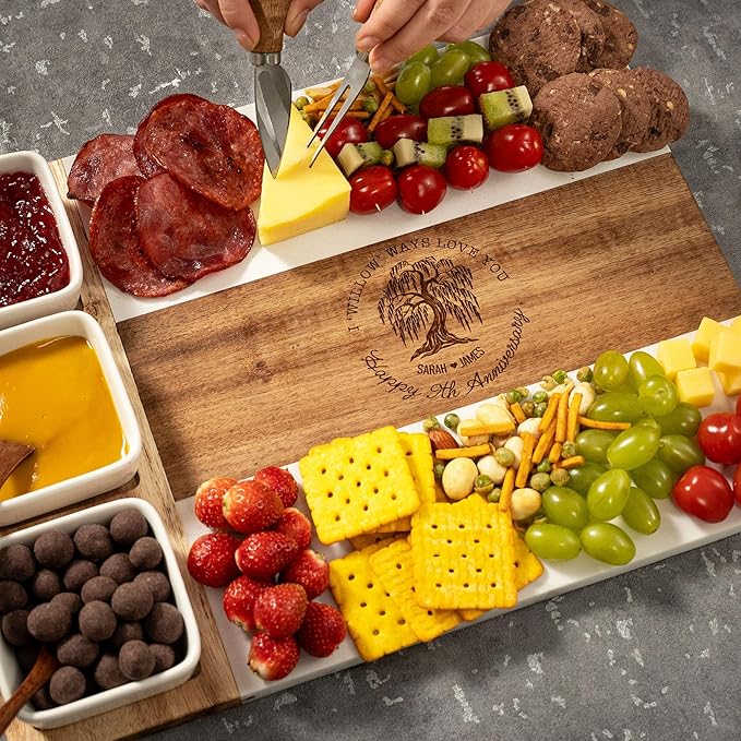 Personalized 9th Anniversary Marble Charcuterie Board, 9th Anniversary Cheese Board - Charcuterie Boards Gift Set for Wife, Willow Gifts for Wedding