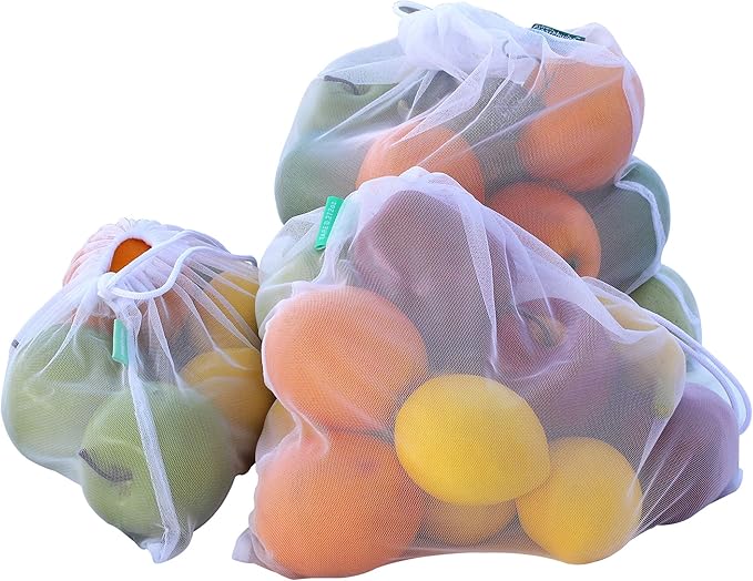 Earthwise Reusable Produce Bags Premium Mesh Set of 9 Bags Made from Recycled Plastic Bottles Ultra Durable, Eco Friendly See Through Transparent Material, Earth Friendly Gift Box (Rpet Mesh)