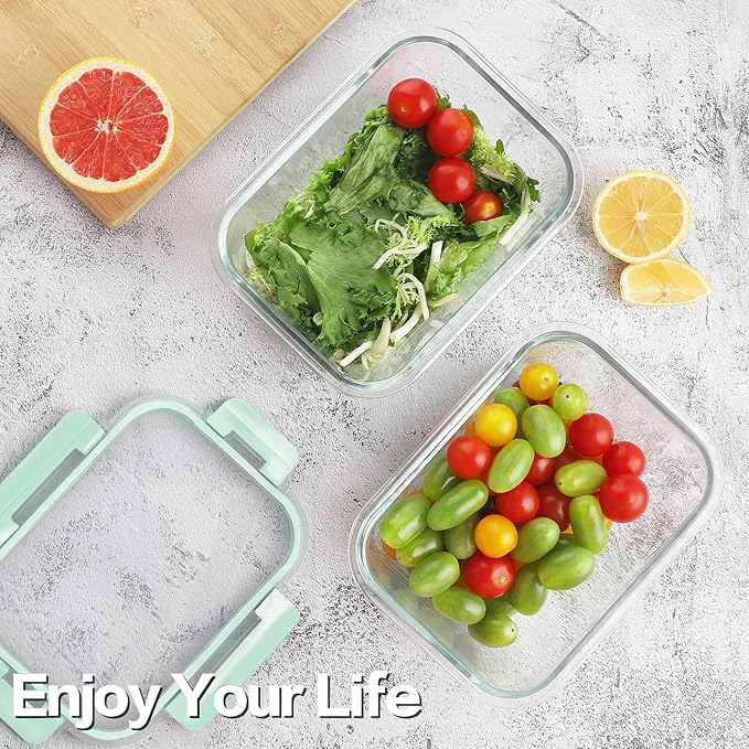 8 Pack 36oz Large Glass Meal Prep Containers with lids, Glass Food Storage Containers with Leak Proof Snap Lock Lids , Airtight Bento lunch Boxes, Kitchen Storage, Oven and Dishwasher Safe-Light Blue