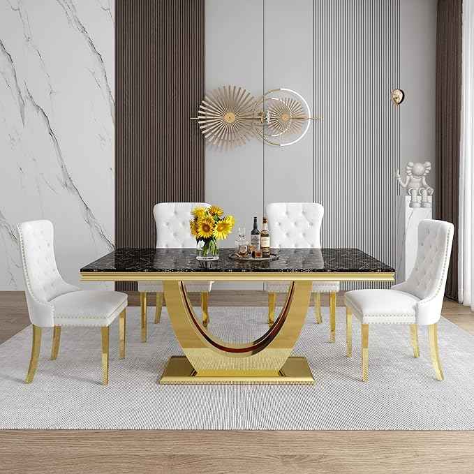 Marble Dining Table Set for 6,70" Black Faux Marble Kitchen Tables and Velvet Chairs for 6,7 Piece Luxury Dining Room Table Set and 6 Upholstered Chairs with Gold Stainless Steel Bases