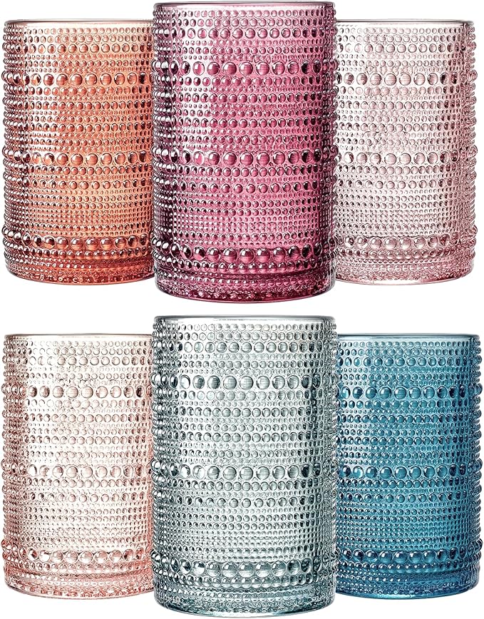 Khen Beaded Highball Drinking Tumbler Set | Set of 6 | Holiday Decor Vintage Hobnail 12 OZ Muted Bubble Design Whiskey Glassware, Old-Fashioned, Embossed Design Glass for Water Wine, Cocktail