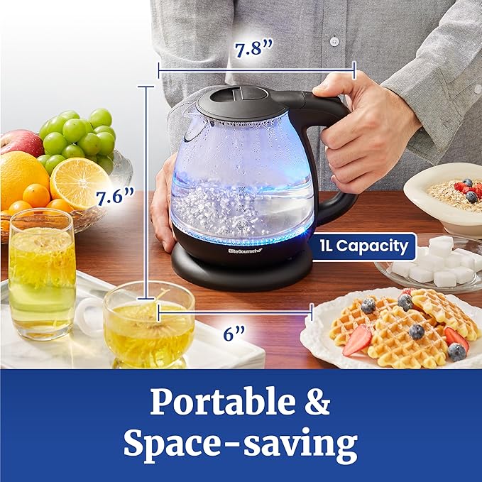 Elite Gourmet EKT1001 Electric 1.0L BPA-Free 1100W Glass Kettle Cordless 360° Base, Stylish Blue LED Interior, Handy Auto Shut-Off Function – Quickly Boil Water For Tea & More, Black