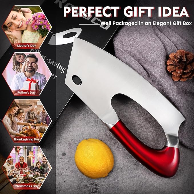 ROCOCO Meat Cleaver Knife Unique Effort Saving Kitchen Knife Professional Stainless Steel Chef Cooking Knives for Cutting Meat Vegetable Father Mother Christmas Gift Red