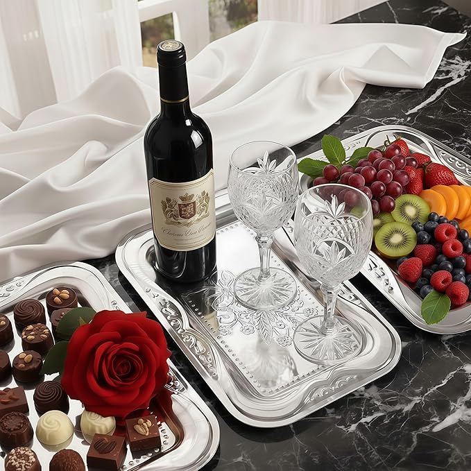 6-Pack Silver Serving Trays Set (14" x 9") – Bow Floral Engraved Serving Platters for Parties, Weddings, Birthdays, Festive Occasions – Mirror Trays for Charcuterie, Cookies, Desserts, Snacks, Fruit