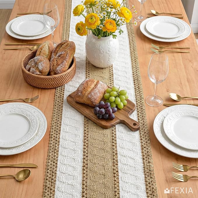 FEXIA Boho Table Runner with Tassels for Home Decor Farmhouse Rustic Table Runner Macrame Burlap Woven Dinning Decoration for Living Room Bridal Shower Independence Day Decorations(12x72 Inches)