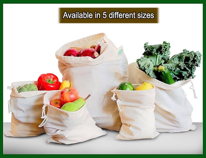 Reusable Grocery Bags for Produce - Small Size Muslin Bags for Brewing and Making Tea - Made of 100% Organic Cotton with Drawstring - Set of 3 (Small - 8"x10")