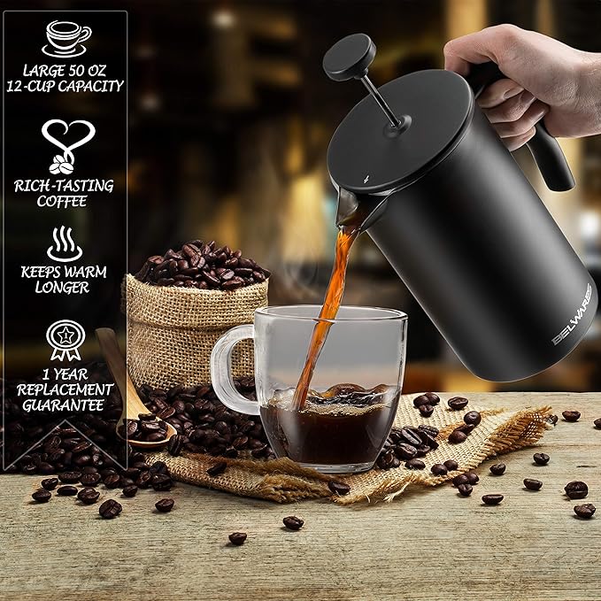 Belwares French Press Coffee Maker - Large 50oz 6-Cup, 304 Stainless Steel Coffee Press, Double Wall Insulated Heat Retention, 4-Level Filtration for Smooth Ground-Free Coffee, 2 Extra Filters, Black