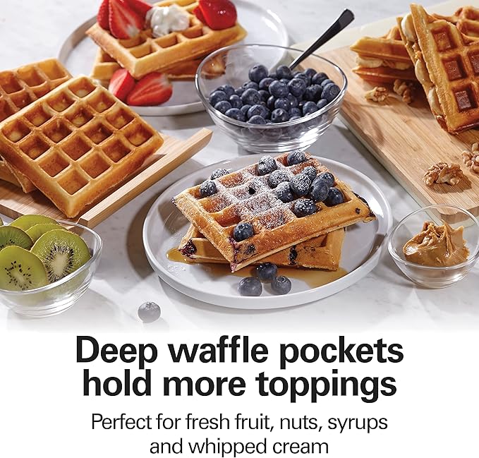 Hamilton Beach Non-Stick Belgian Waffle Maker with Indicator Lights, Makes 4 4" x 5" Mini Waffles, Hashbrowns or Keto Chaffles at Once, Compact Design for Easy Storage, Black & Stainless Steel (26020)