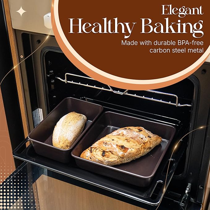 Nonstick Bakeware Set 8 Piece - Stackable Baking Pan Set, Oven safe 450°F, Carbon Steel Baking Set with Muffin, Loaf, Cookie Sheets & Roaster, Easy Storage, BPA-Free (Dark Brown)