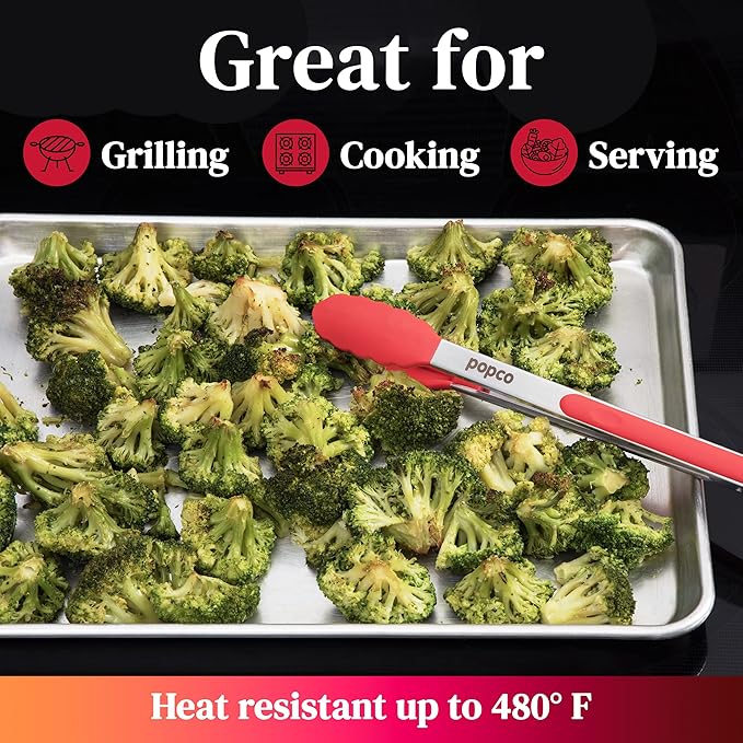 Popco 3-Piece Kitchen Tongs Set – Stainless Steel Heat Resistant Silicone Tips, Strong Comfort Grip, 3 Sizes (7, 9, 12 Inch), Non-Scratch, Dishwasher Safe, for Cooking, BBQ, Salad