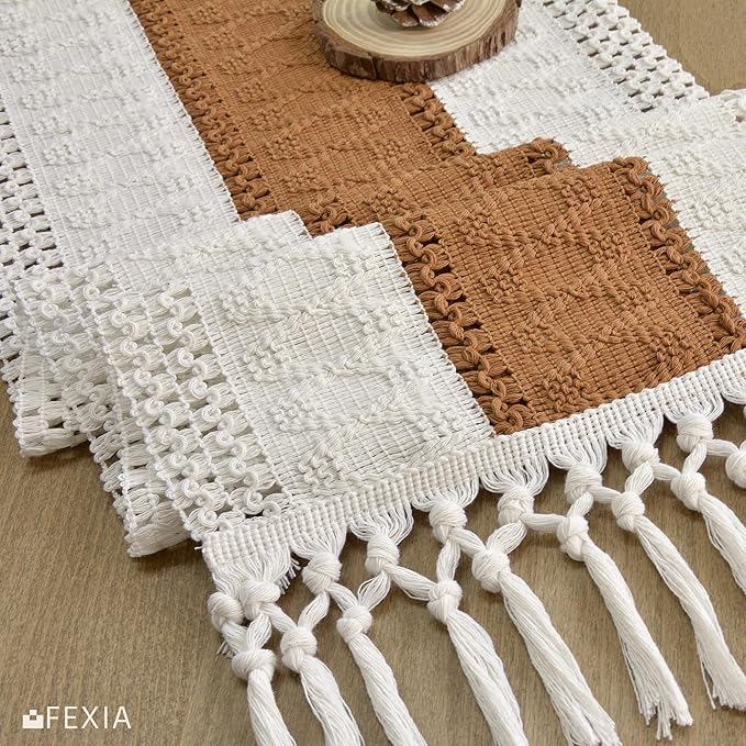 FEXIA Boho Table Runner with Tassels 12x72 Inches for Home Decor Farmhouse Rustic Macrame Hollow-Out Table Decoration for Living Room and Dining Room, Reddish Brown
