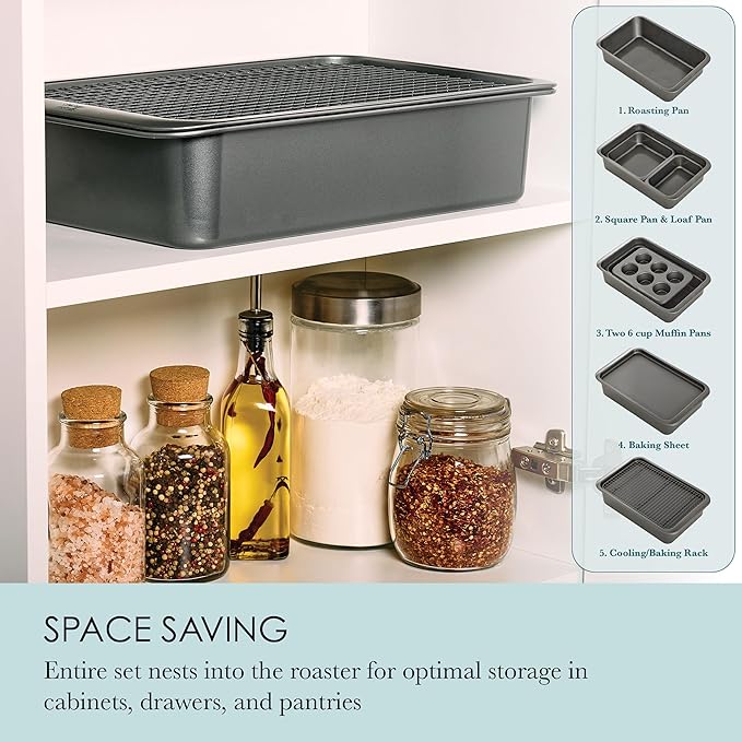 Chicago Metallic 7-Piece Nesting Bakeware Set - Carbon Steel Nonstick Baking Sheet, Loaf Pan, Muffin Pan, Cake Pan, Roaster and Cooling Rack - Space-Saving Kitchen Essentials