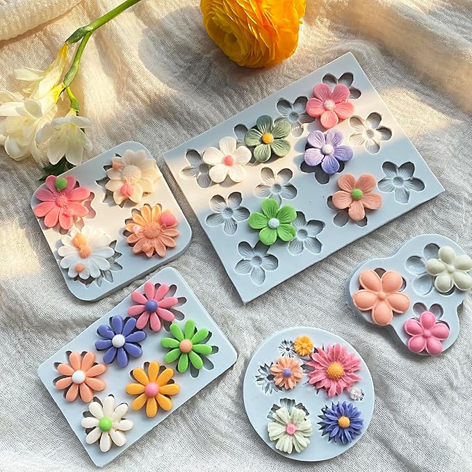 5Pcs Flower Molds Silicone Chocolate Mold Daisy Flower Fondant Polymer Clay Resin Mold Soap Ice Cube Jello Molds for Baking and Cake Cupcake Decorating (Gray Daisy Flower)