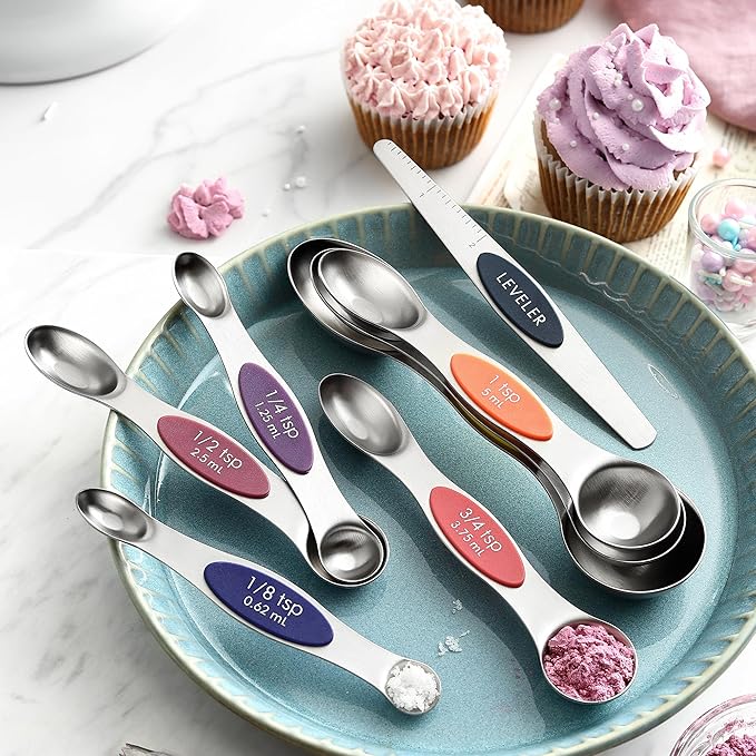 Spring Chef Dual Sided Magnetic Measuring Spoons Set, Mountain Sunrise, Set of 8 & Stainless Steel Magnetic Measuring Cups, Set of 7, Black - 2 Product Bundle